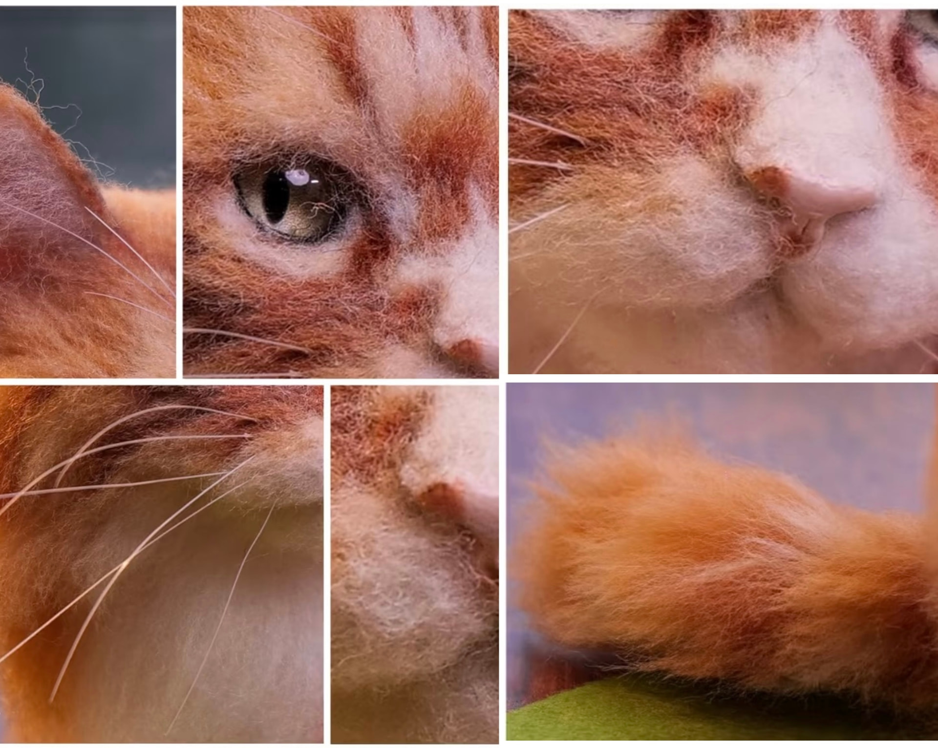 Close-up details of a needle-felted ginger cat: eye, nose, whiskers and fur