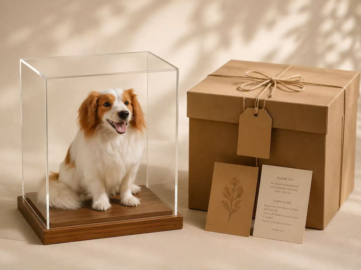 Finished wool dog sculpture in a display case beside its gift box and care card